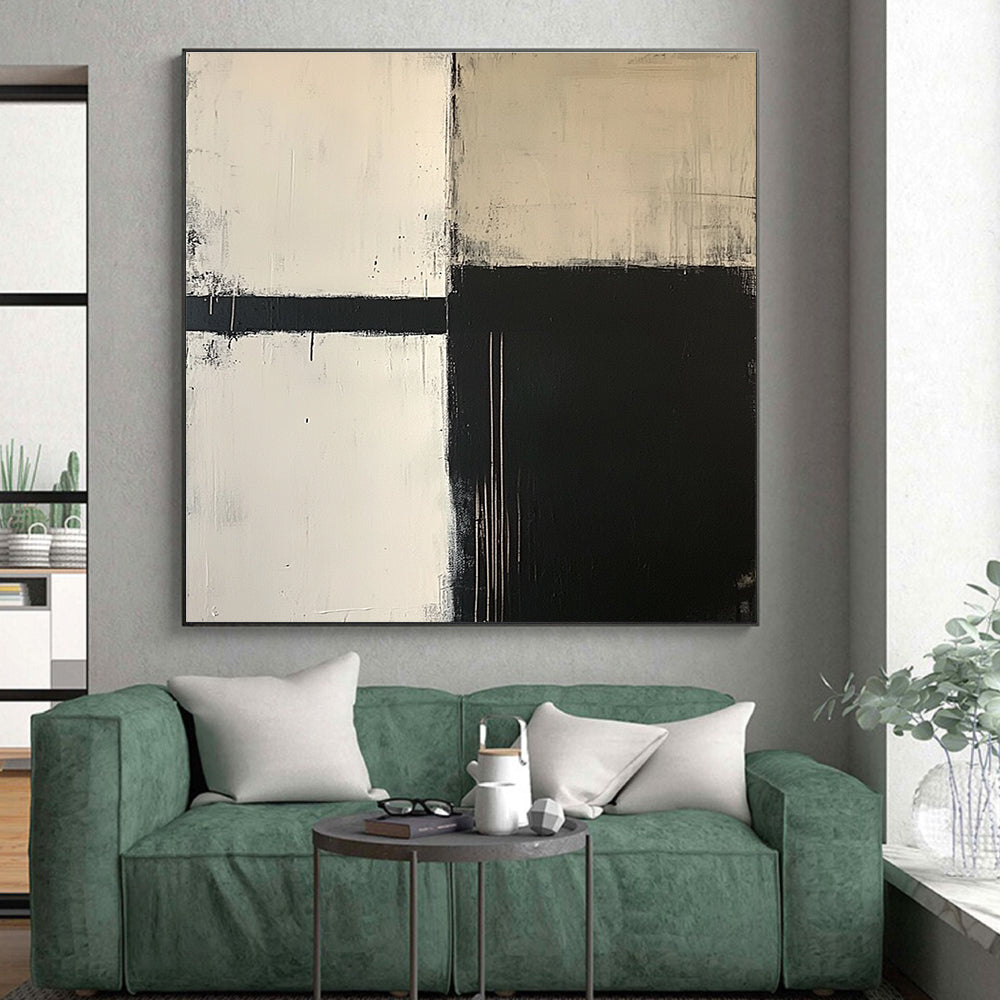 Black and White Minimalist Abstract Painting with Geometric Forms GER650