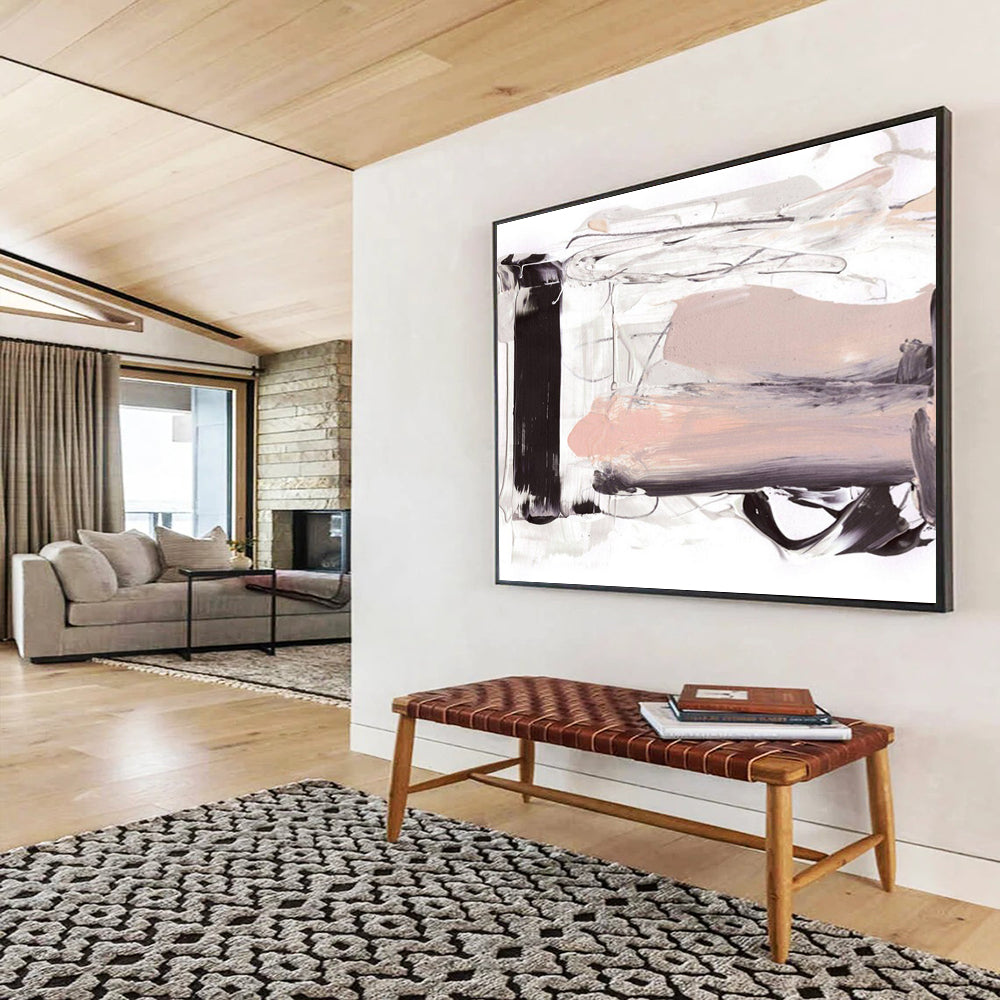 Neutral Tone Abstract Painting with Black, White, and Beige THY143
