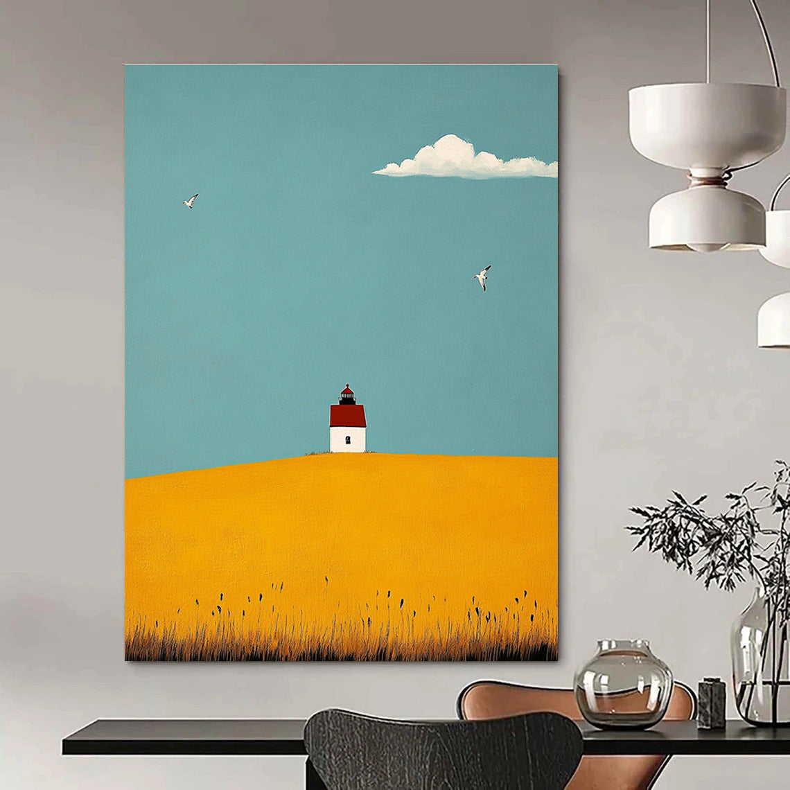 Abstract painting featuring a lighthouse, yellow fields, seagulls, and a vibrant blue sky using soft brushstrokes and tranquil colors.STSC1039