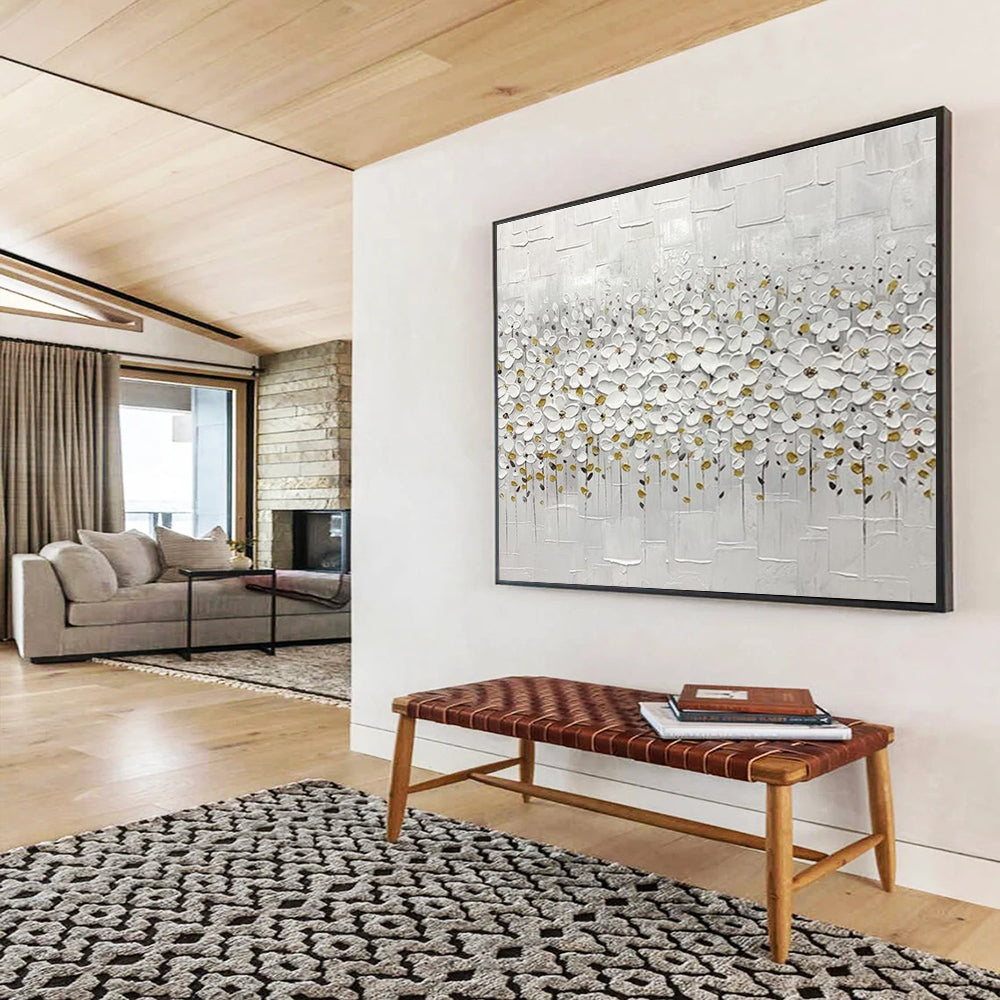 White Flower Field Abstract Painting with White, Gold, and Grey Tones THY214