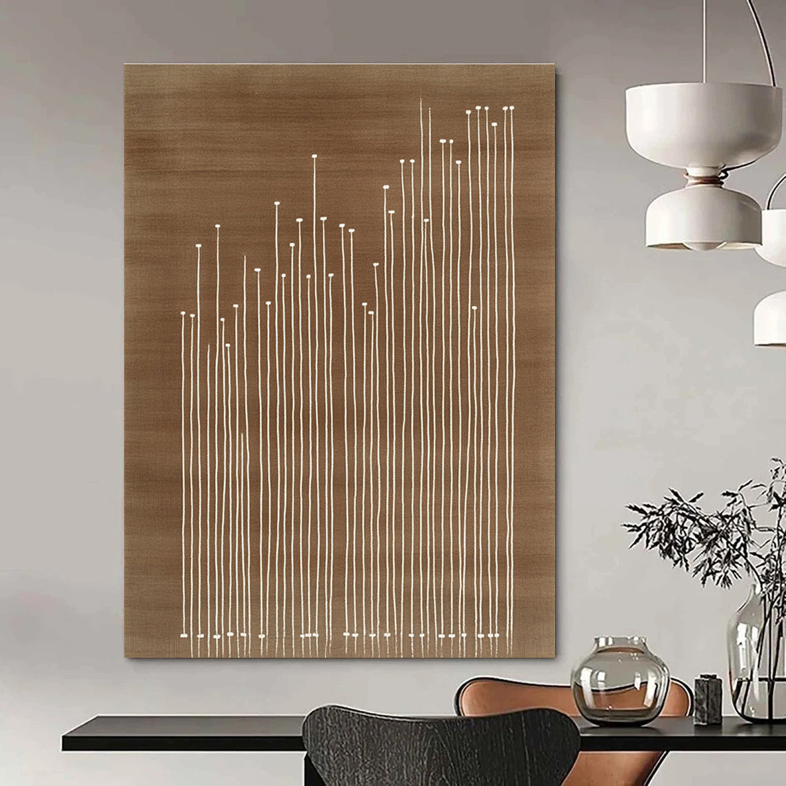 An abstract artwork featuring a brown carpet with white lines embroidered texture and simple line work in the style of Tathagata Design Studio.STSC929