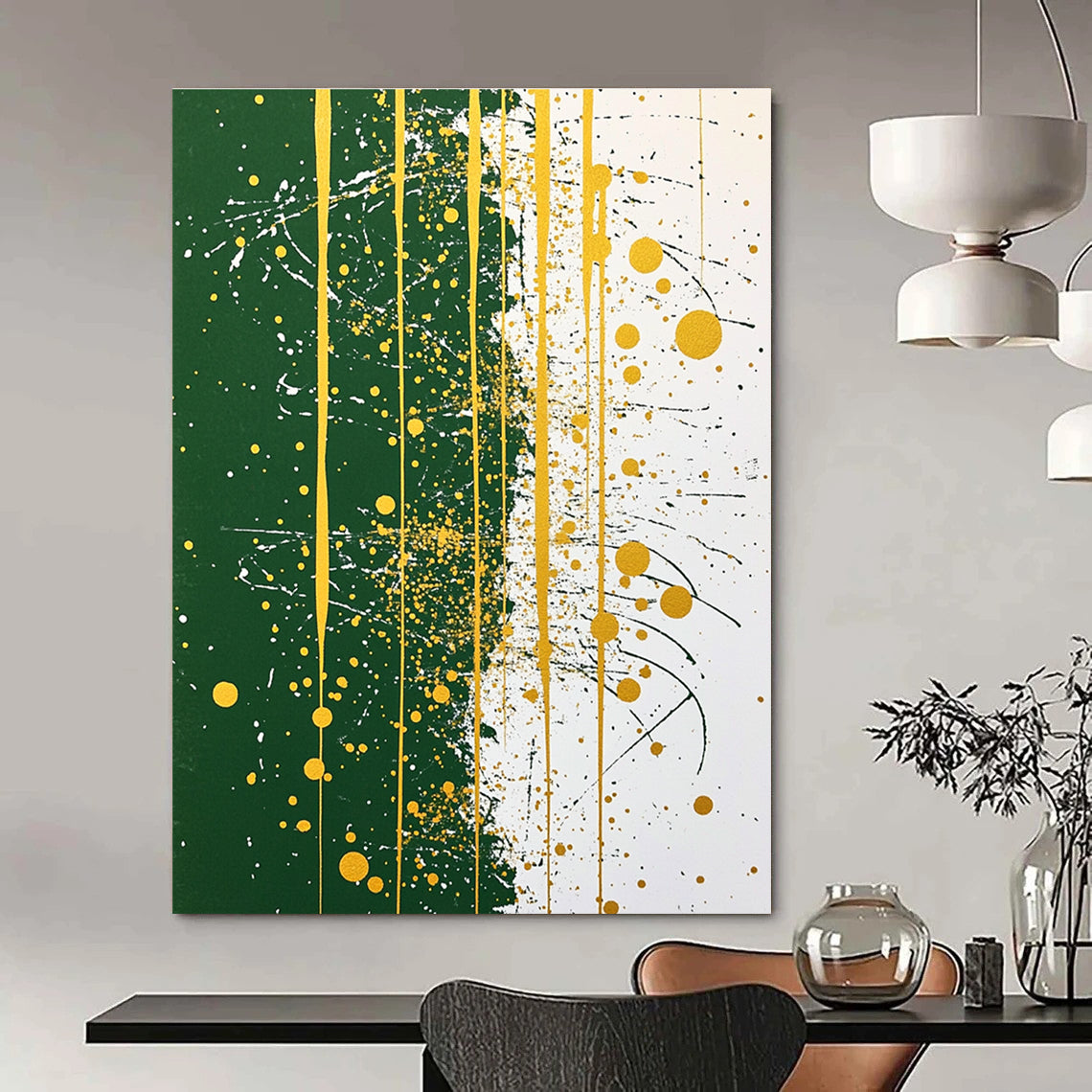 Large abstract painting featuring green and white with golden details and line art offering a balanced and symmetrical composition.STSC1172