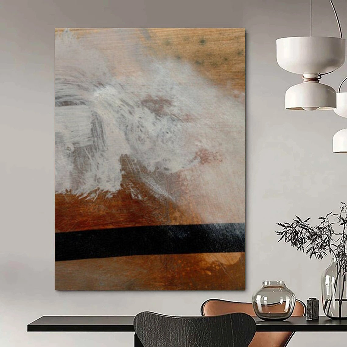 Textured Abstract Painting on Wood with White and Brown Tones ADGE185