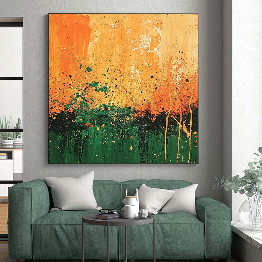 Orange Green Splatter Abstract Painting with Energetic Patterns GER492