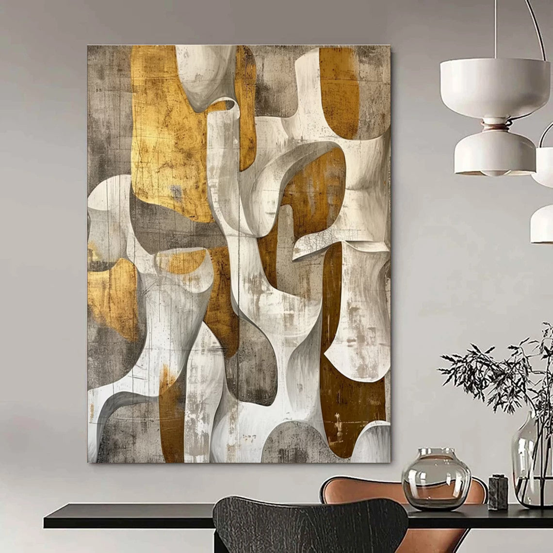Gold Grey White Abstract Geometric Painting ADGE011