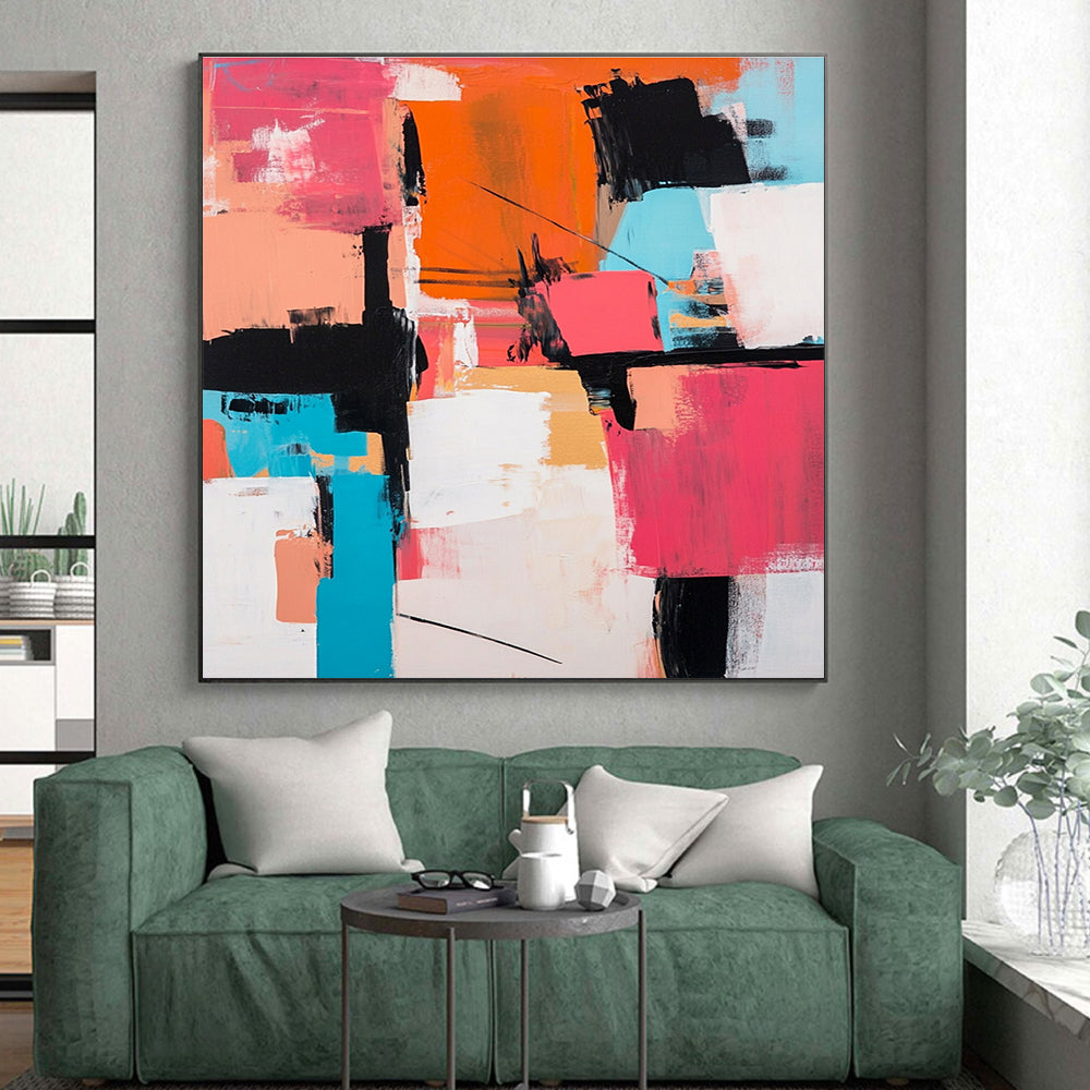 Pink Orange Abstract Painting with Geometric Forms GER714