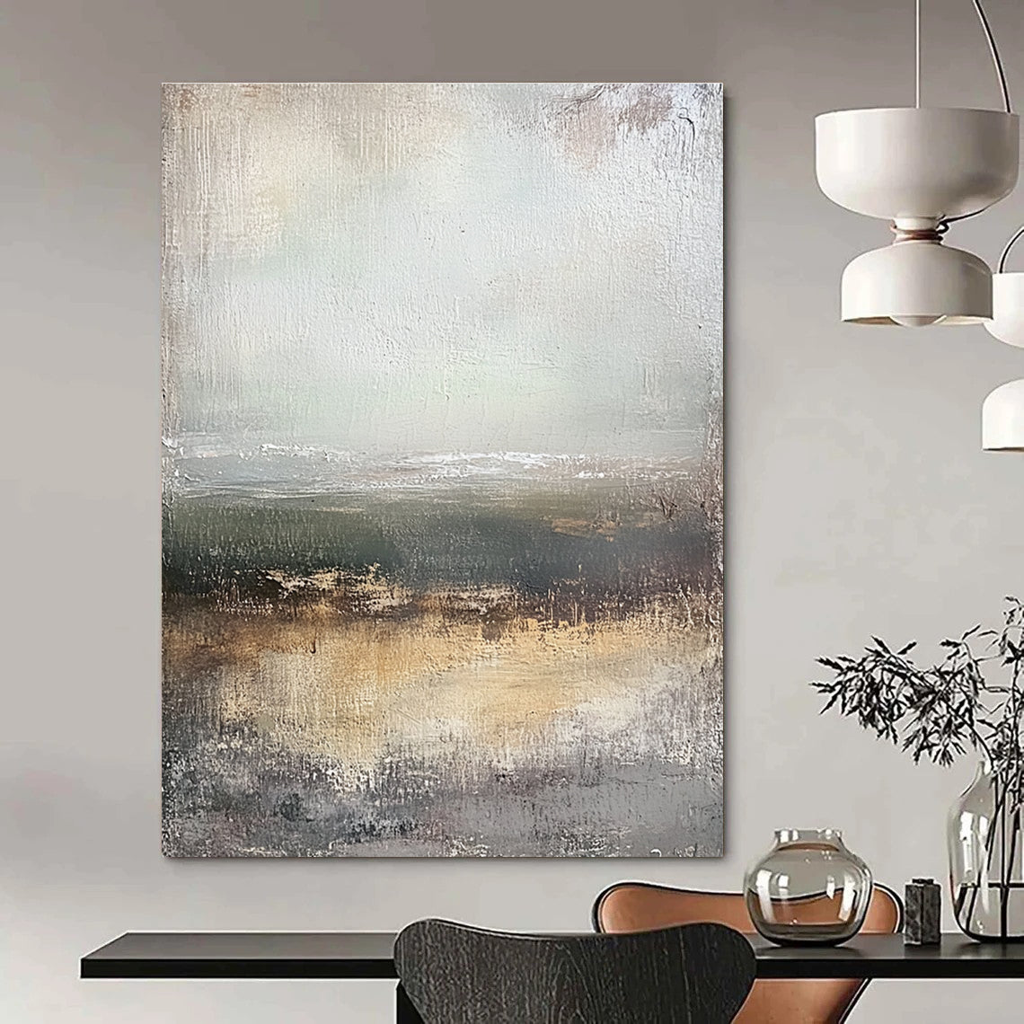 Large abstract painting depicting a coastal landscape with muted tones and vintage texture in a neutral color palette.STSC305