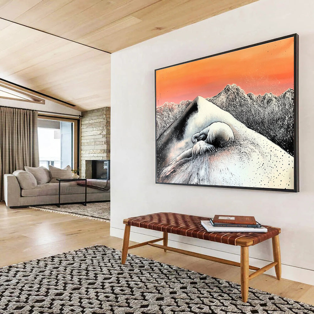 An abstract painting featuring a black and white figure on an icy mountain at sunset with another frozen figure in front.SC569