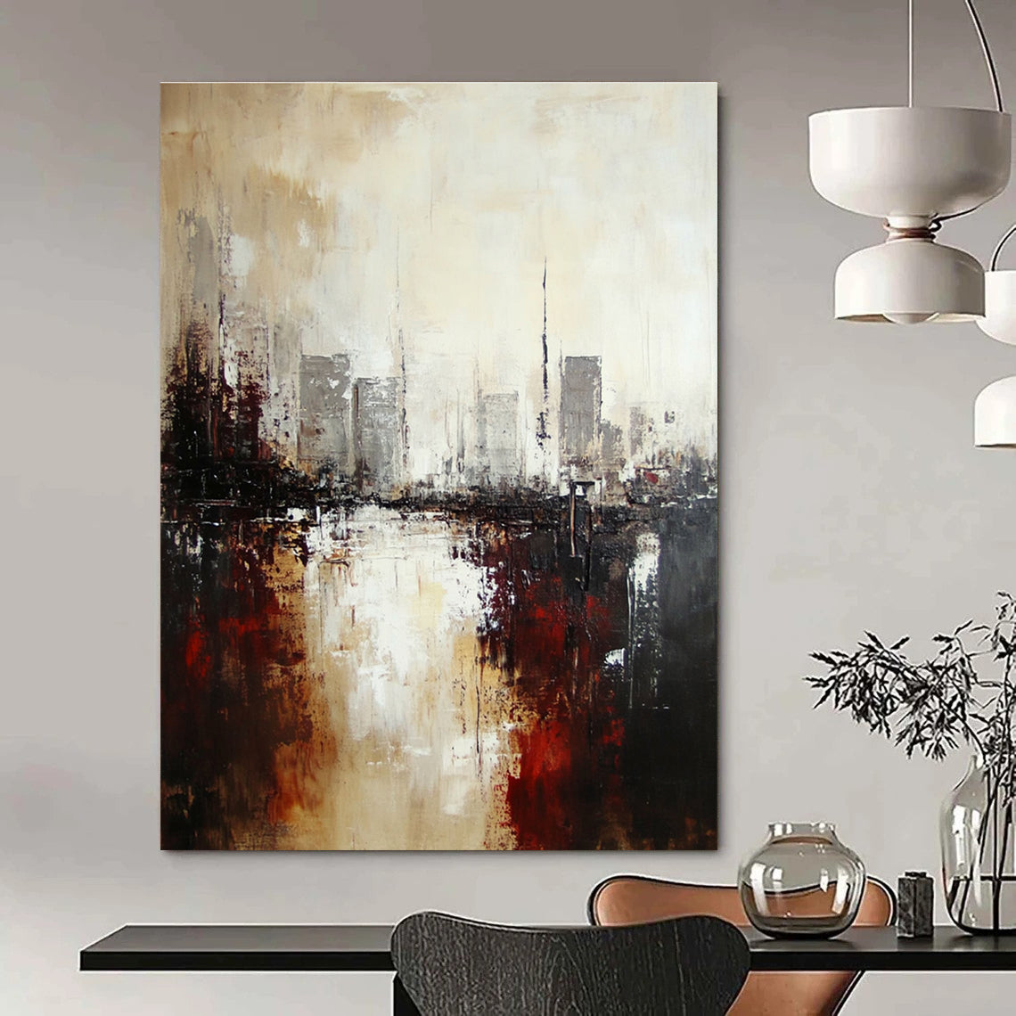 Large abstract oil painting of an industrial cityscape featuring neutral tones with brown and gray accents for an atmospheric effect.STSC148