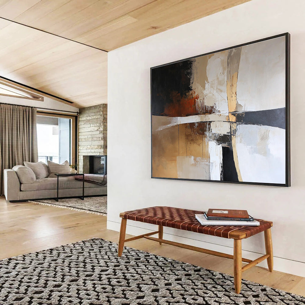 A large abstract painting featuring earth tones of white brown beige and black creating a harmonious and serene atmosphere.SC328
