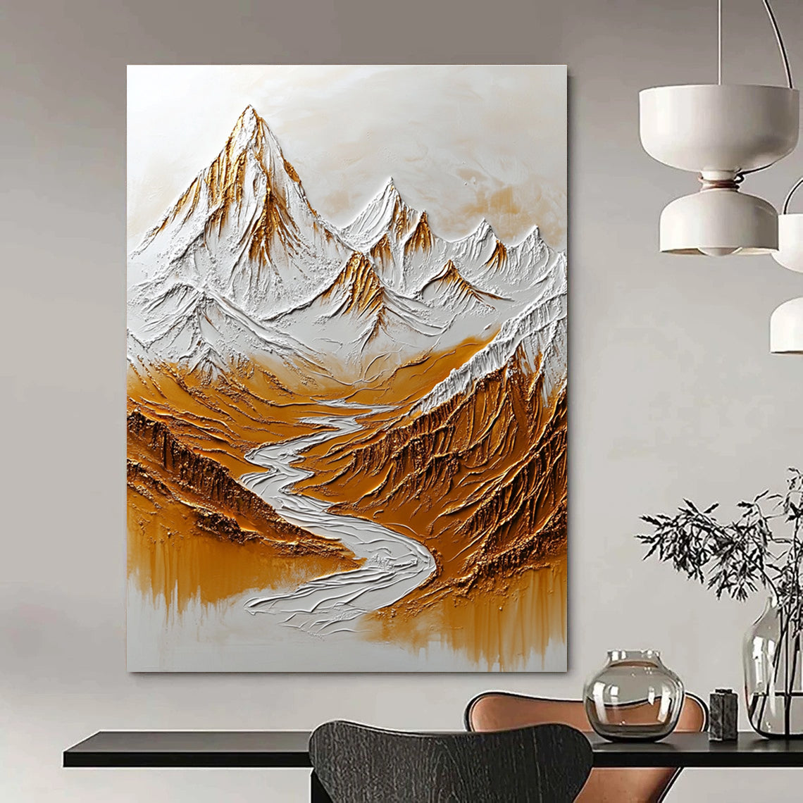 Large abstract painting of the Himalayas featuring snow-capped peaks and flowing rivers in warm tones for added depth and texture on a white background.STSC003