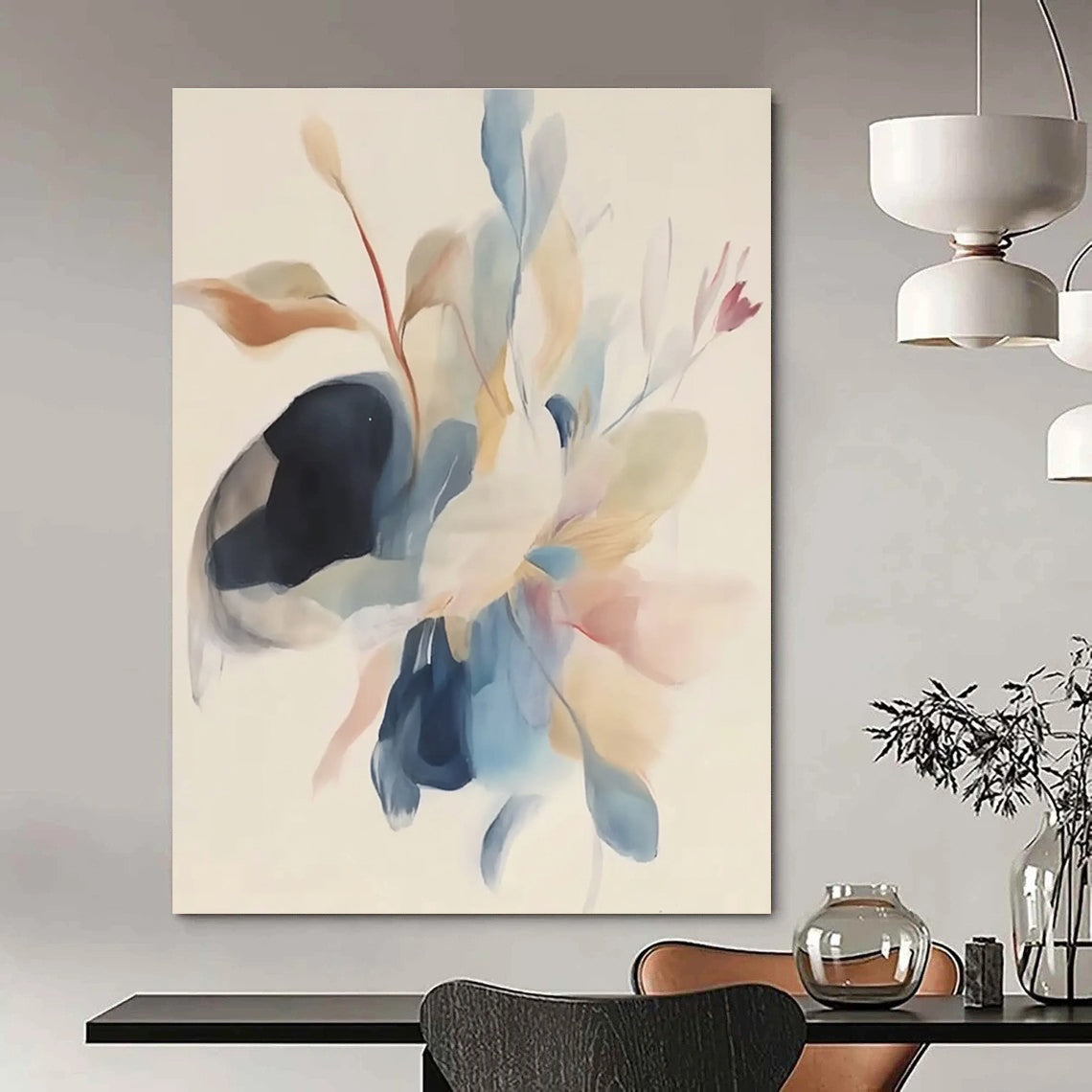 Abstract painting featuring soft watercolor in pastel colors with minimalistic floating bird wings and flowers on a white background.STSC482
