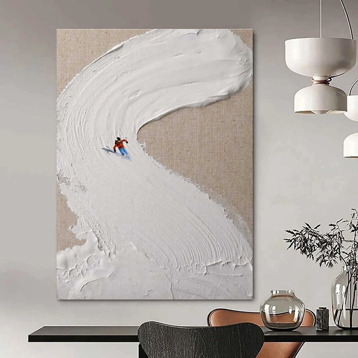 White Textured Ski Slope Abstract Painting with Red Accents ADGE311