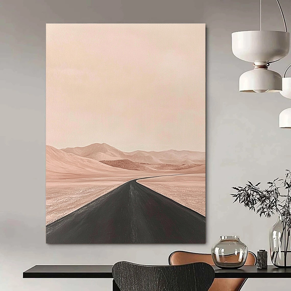 Large abstract painting of a desert scene featuring an empty road in the foreground with muted tones in a minimalist style.STSC1093