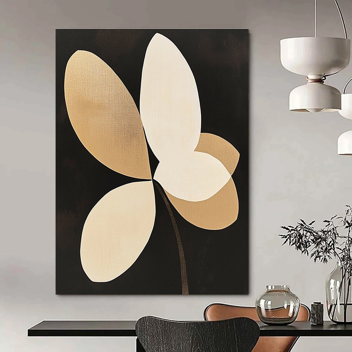 Large Abstract Painting Featuring Beige and White Orchid Petal Shapes on a Black Background with Minimalist Design and Clean Lines.STSC1144