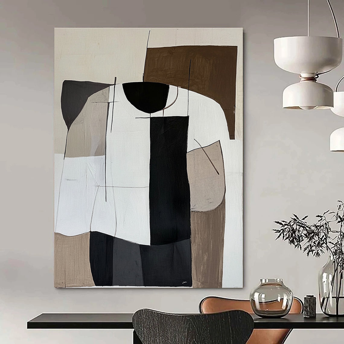 Abstract Painting in Minimalistic Cubism Style featuring Brown Palette and Striped White Shirt on a White Background.STSC1107