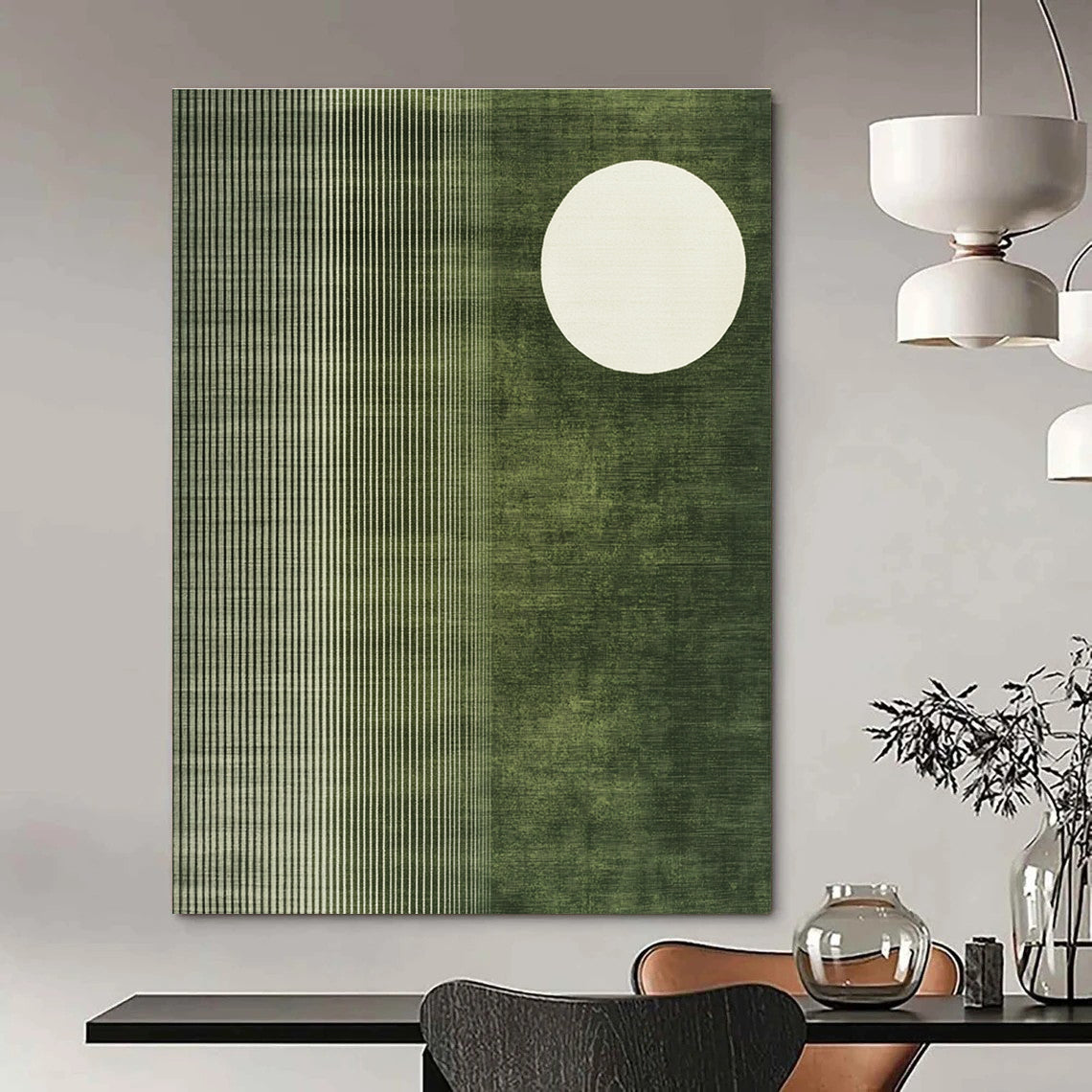 Abstract painting featuring a white circle on olive green fabric-like background with organic patterns and a white half-moon in the corner.STSC1251