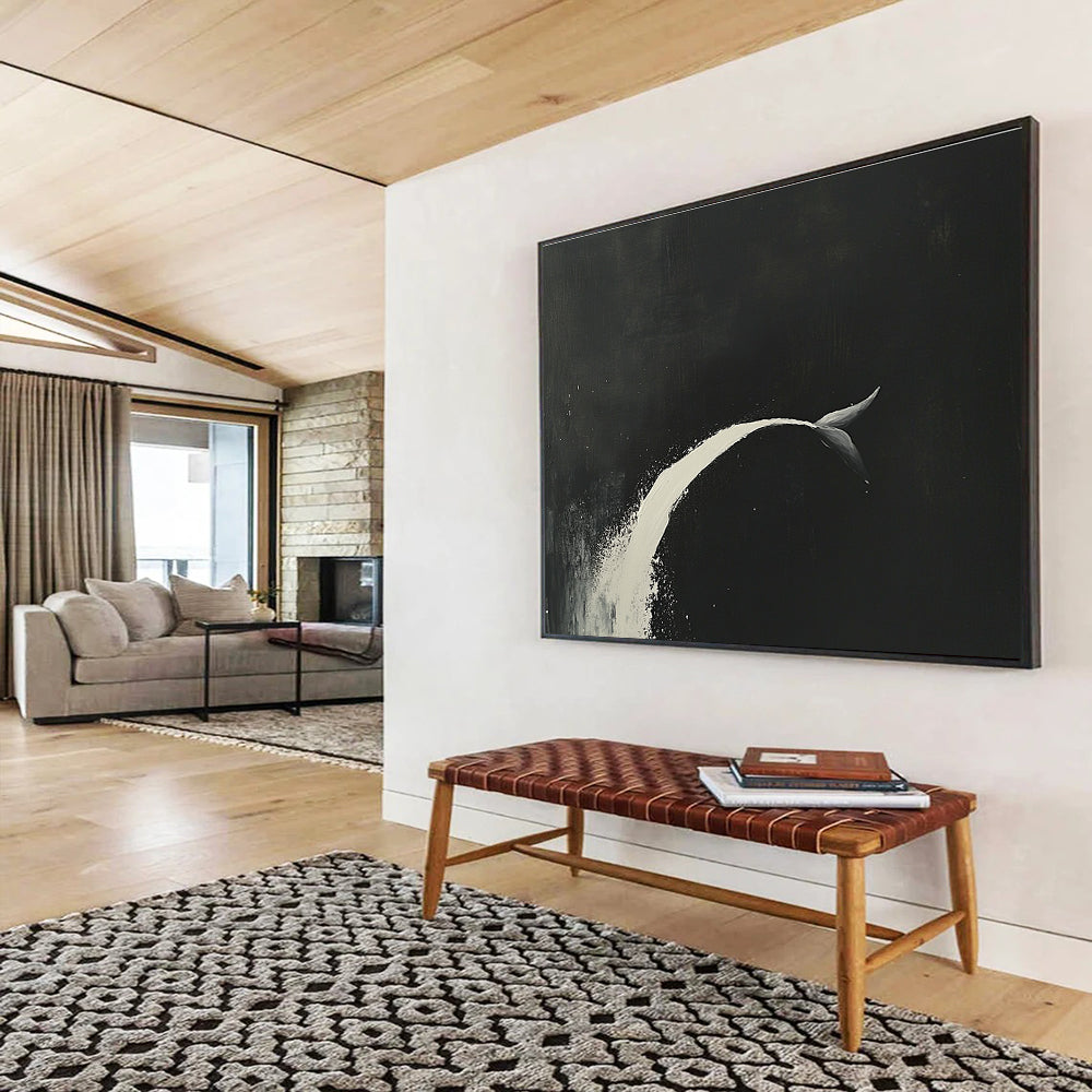 Minimalist Whale Tail Abstract Painting with Black and White Tones DYP345