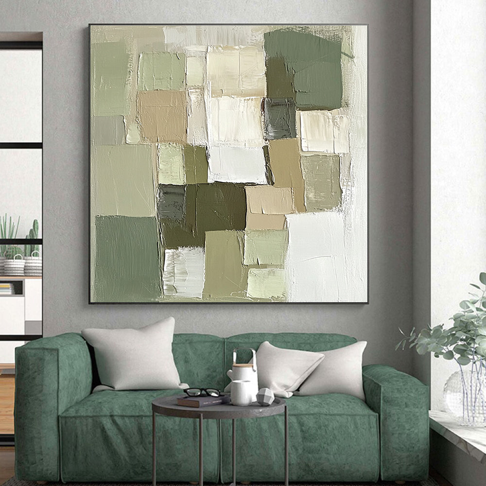 Green Beige Abstract Painting with Geometric Blocks GER811