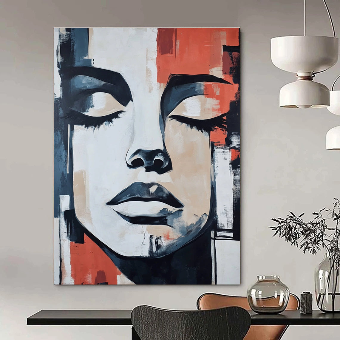 Large abstract painting featuring a masked face with closed eyes against urban shapes in gray beige black blue red and orange in oil on paper.STSC991