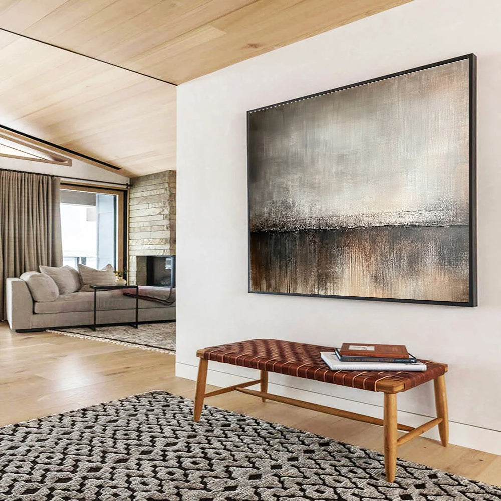 Large abstract painting featuring a muted gray and brown gradient background with soft brush strokes resembling vintage wood textures.SC534