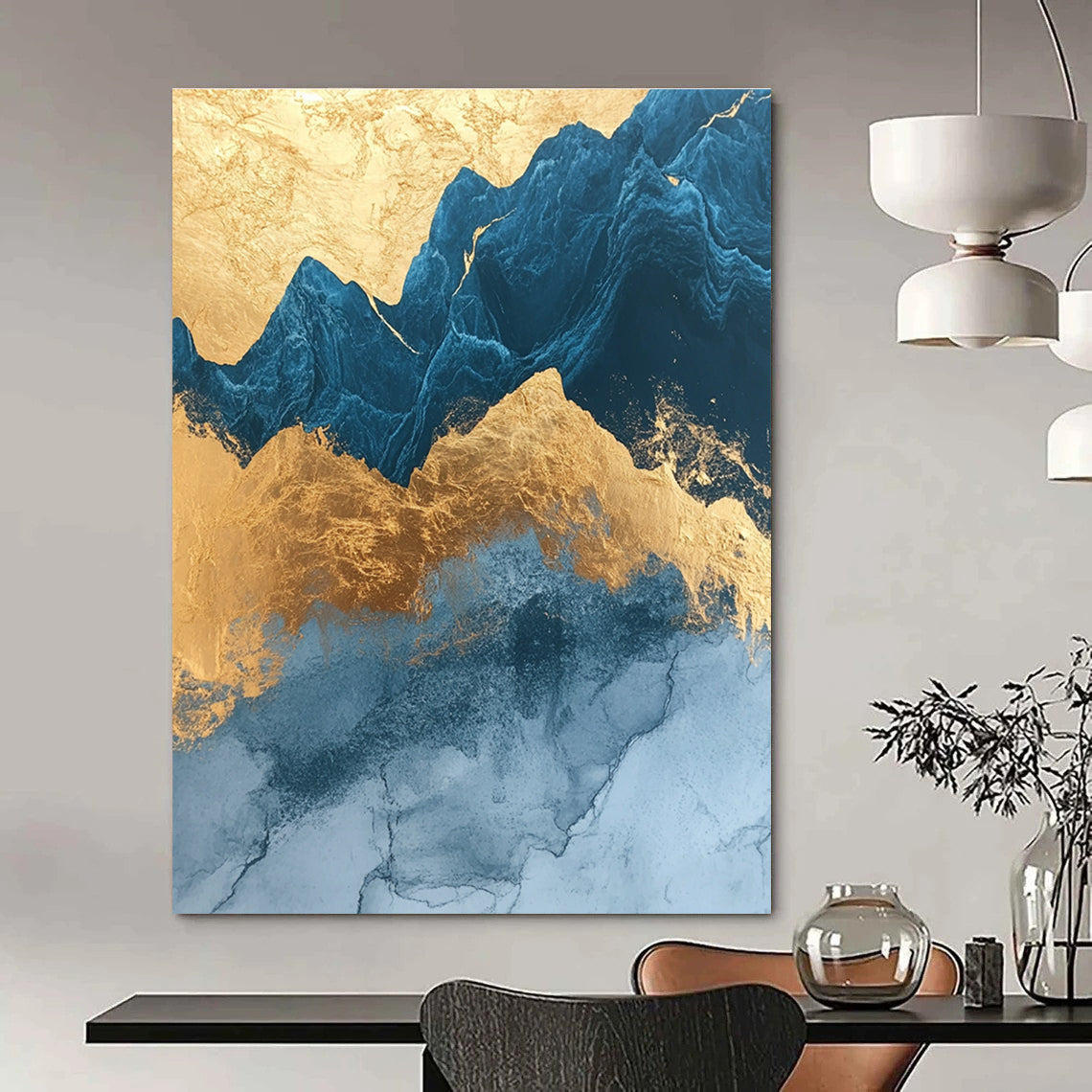Abstract painting with marble texture rounded edges in gold foil and dark blue glass outlines featuring mountains and simple decorative lines.STSC1312