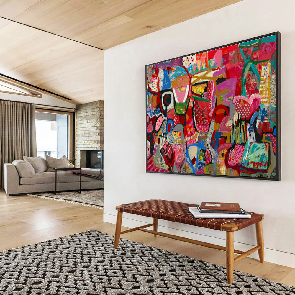 Playful Abstract Painting with Pink, Red, and Colorful Patterns THY239