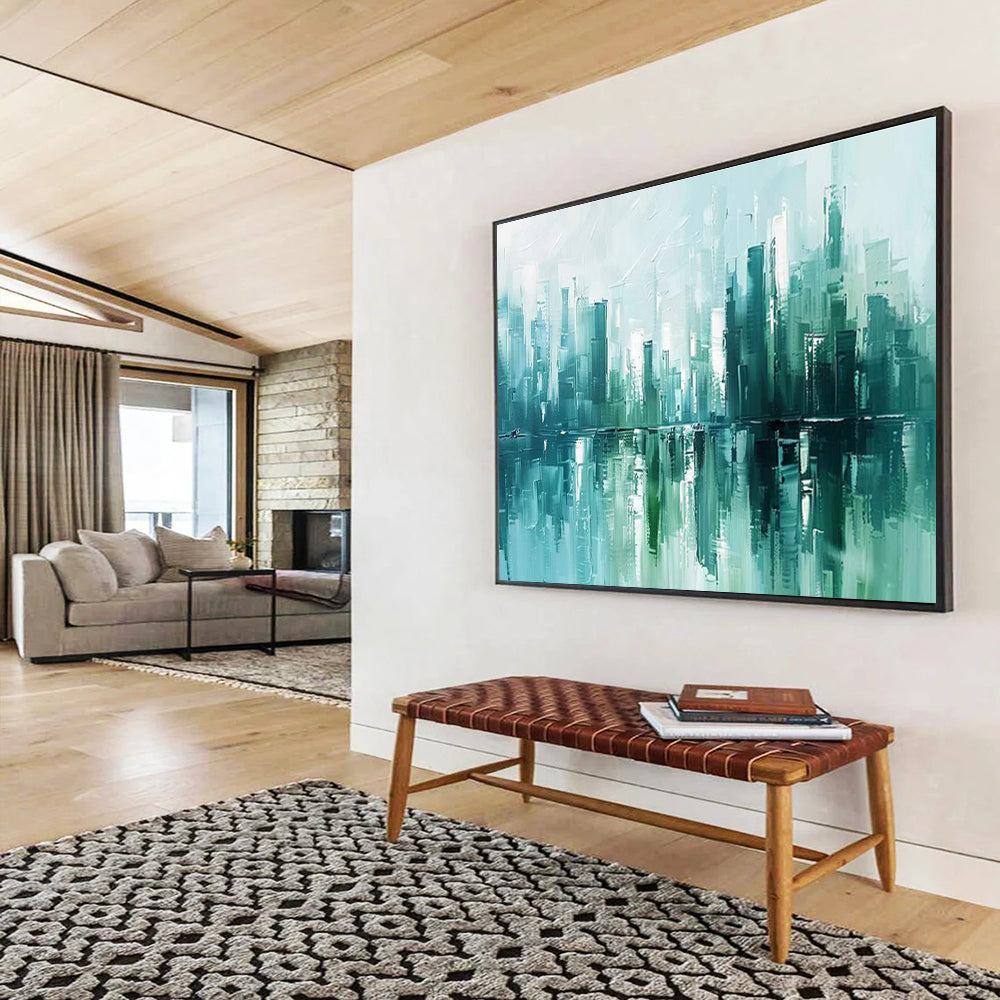 Cityscape Reflection Abstract Painting with Teal and Turquoise Hues THY275
