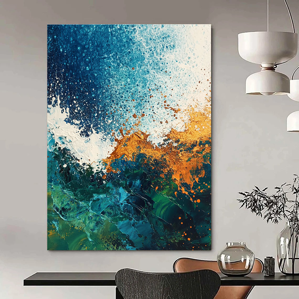 Large abstract painting of ocean waves featuring a textured mix of blues greens and rust colors against a dark blue white green and brown background.STSC324