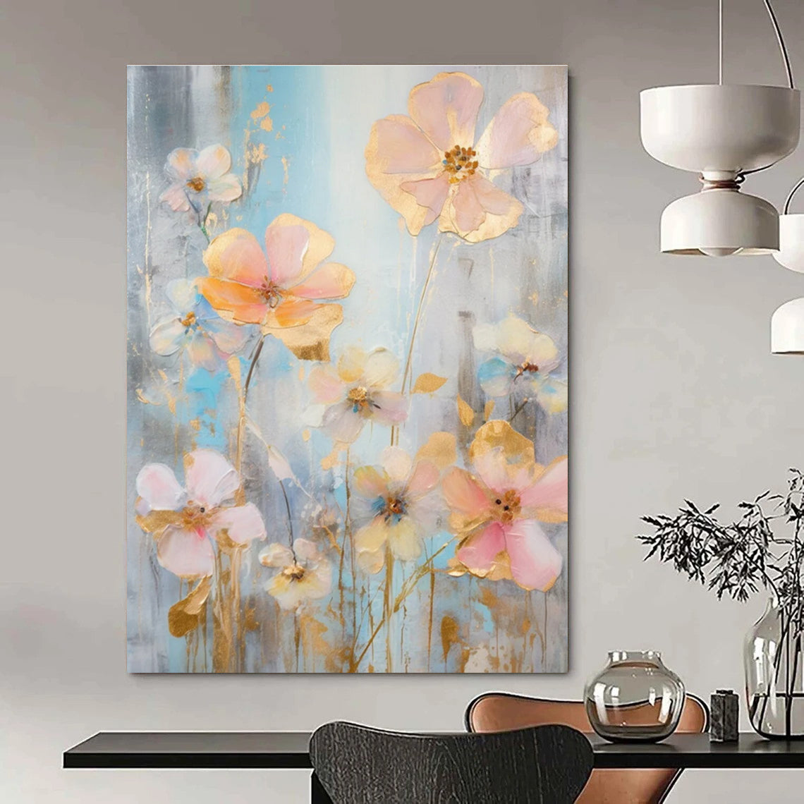 Gold - Accented Floral Abstract Painting with Soft Pastels ADGE431