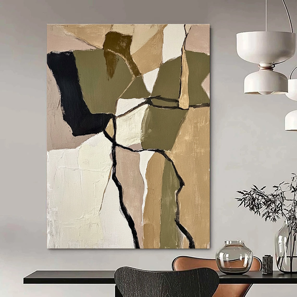 Large abstract painting featuring textured beige and olive green shapes inspired by Robert Motherwell evoking calmness through earthy tones and organic forms.STSC844