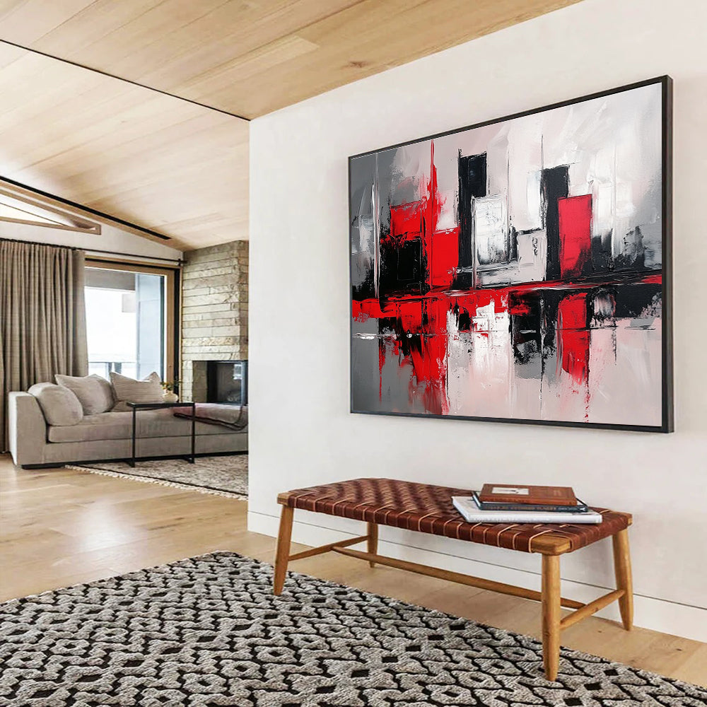 Red Black and White Abstract Painting with Cityscape Reflections DYP398