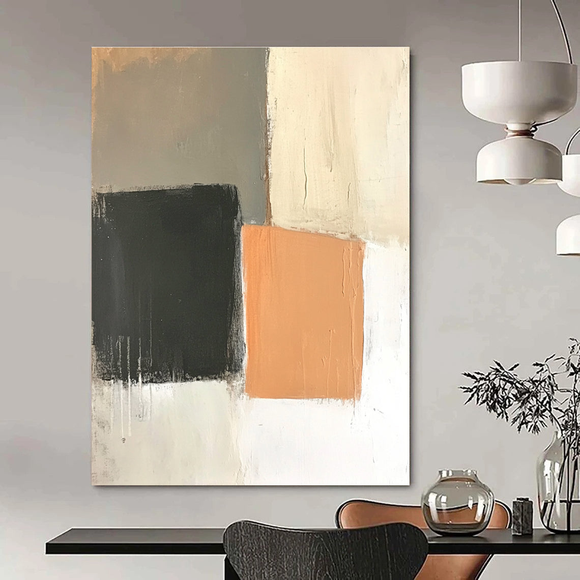 Abstract painting featuring an off-white wall with light orange and dark gray squares in a muted color palette and loose brushstrokes.STSC654