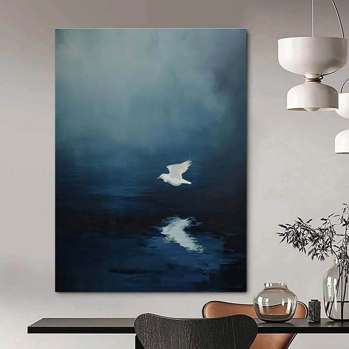 Seagull Reflection Abstract Painting with Deep Blues ADGE478