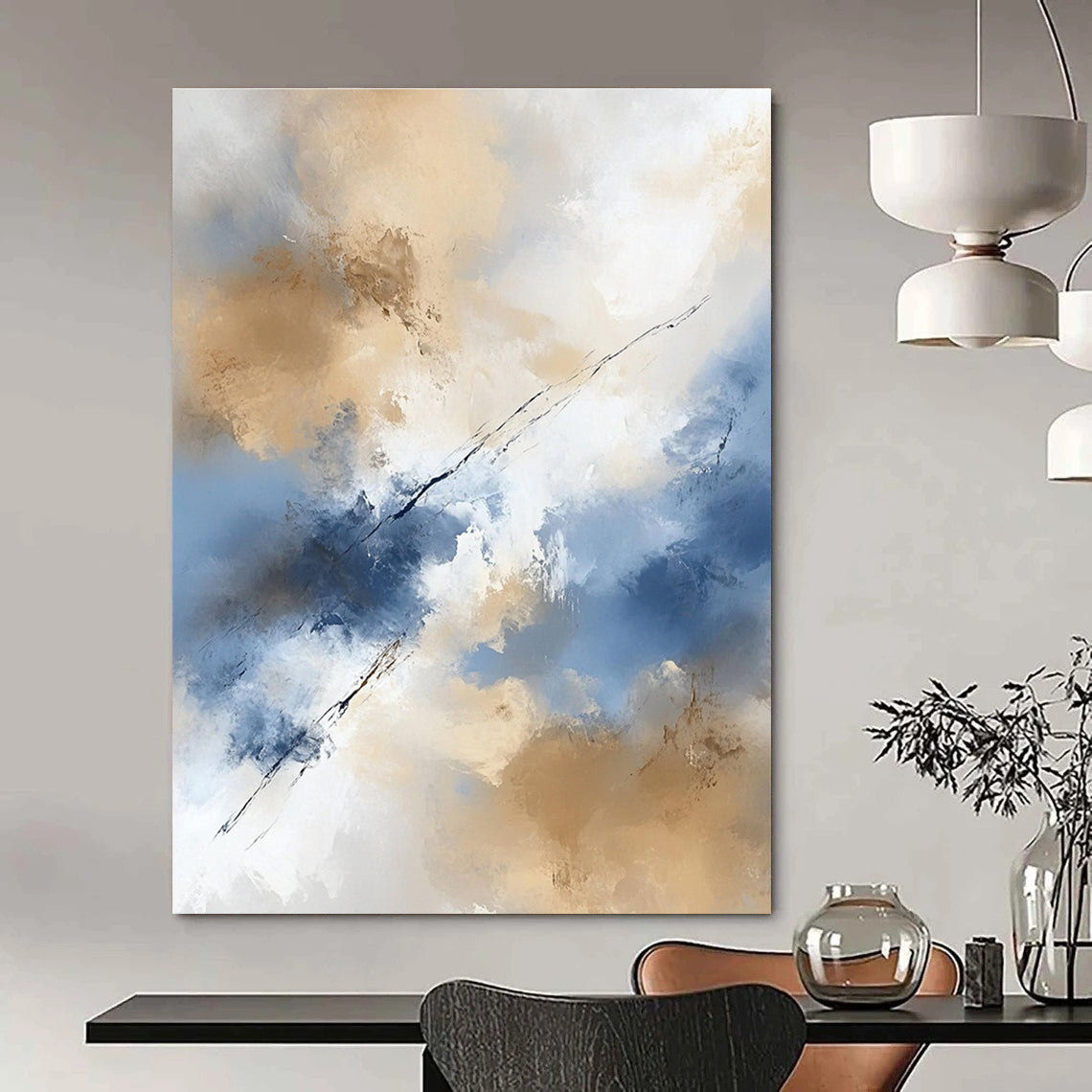 Large abstract painting in beige and blue tones features white clouds creating an ethereal ambiance with delicate brushstrokes and flowing lines.STSC409
