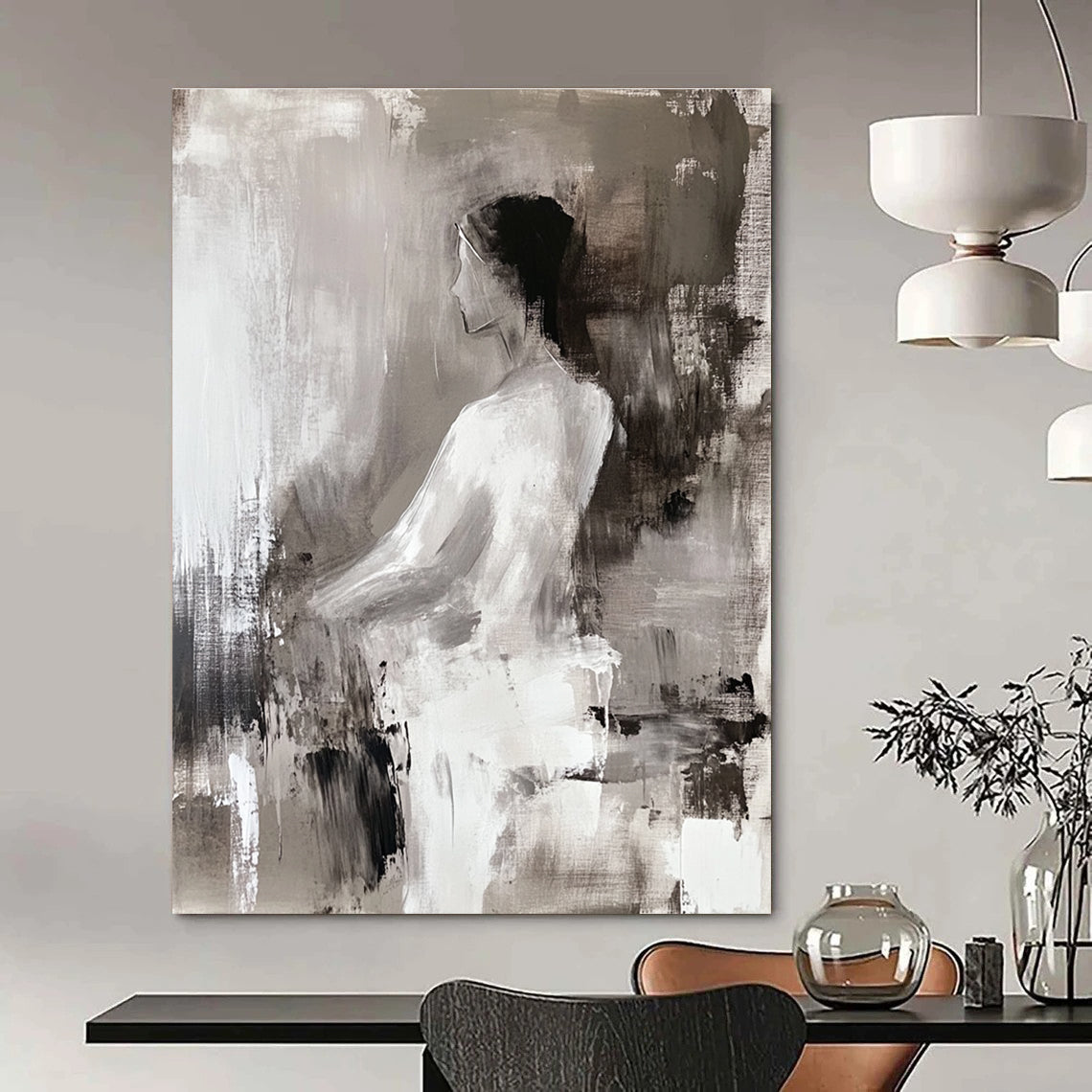 Large abstract painting of a woman in white featuring deconstructed tailoring and fluid simplicity with atmospheric perspective in light gray and dark brown.STSC673