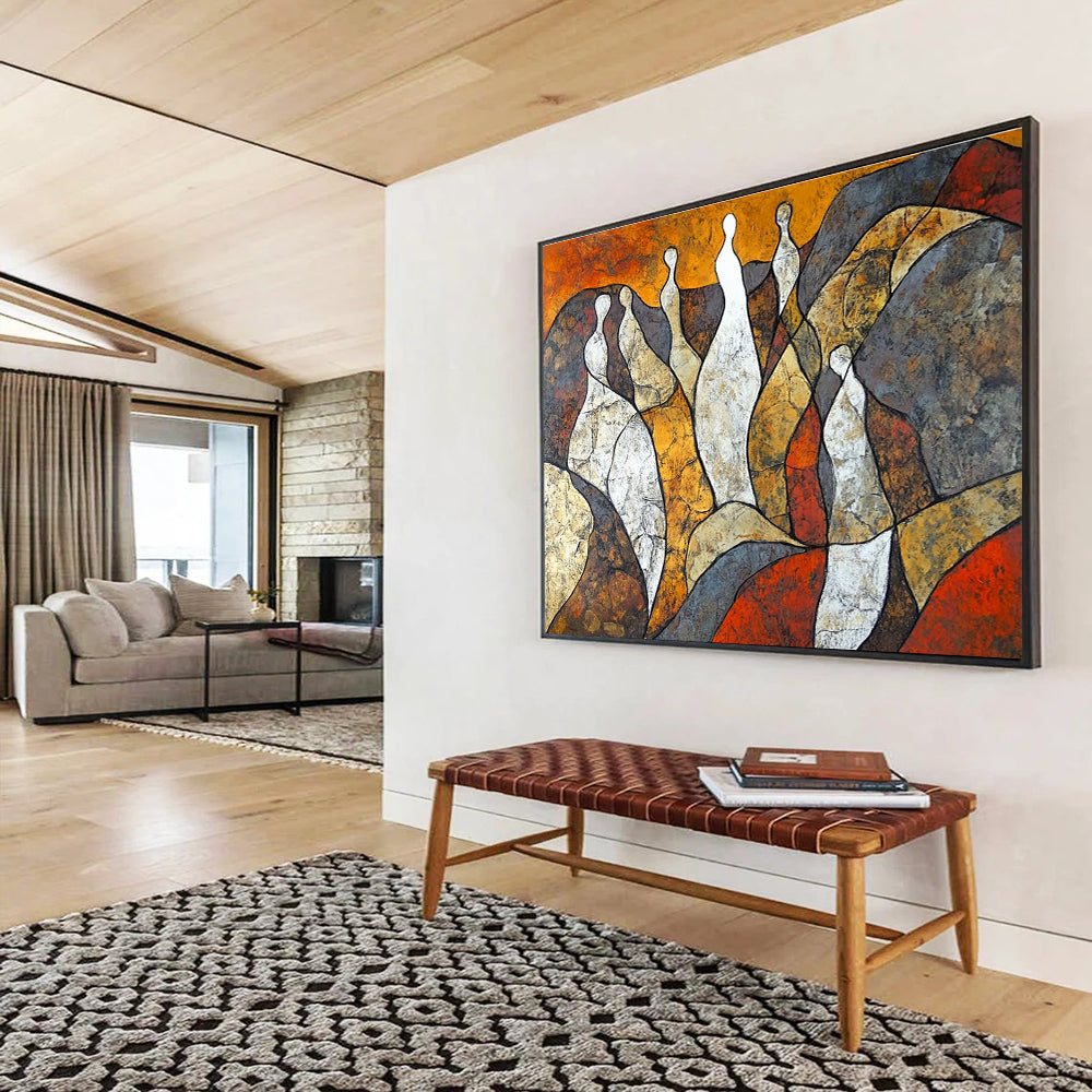Abstract painting featuring women's bodies as rocks in earthy tones with a lone woman in white symbolizing resilience and growth amidst challenges.SC521