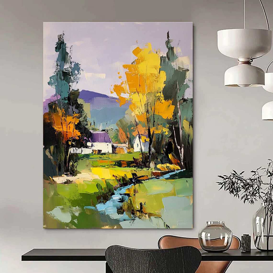 Large abstract painting featuring a river and trees with a house in the distance complemented by colorful brush strokes and a vibrant purple sky.STSC1308