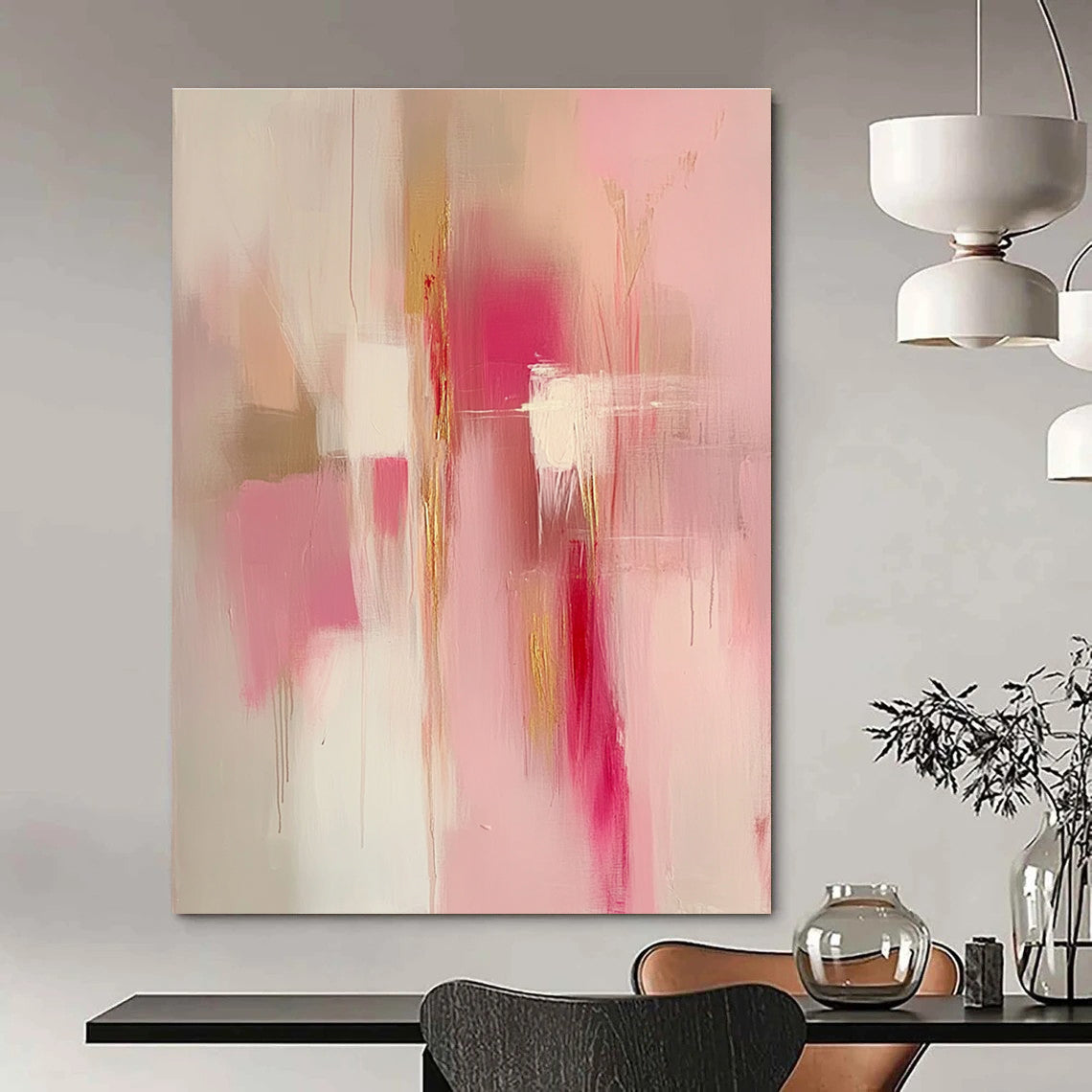 Large abstract painting in pink and gold tones featuring soft edges blurred details and emotional depth creating a serene romantic atmosphere.STSC784