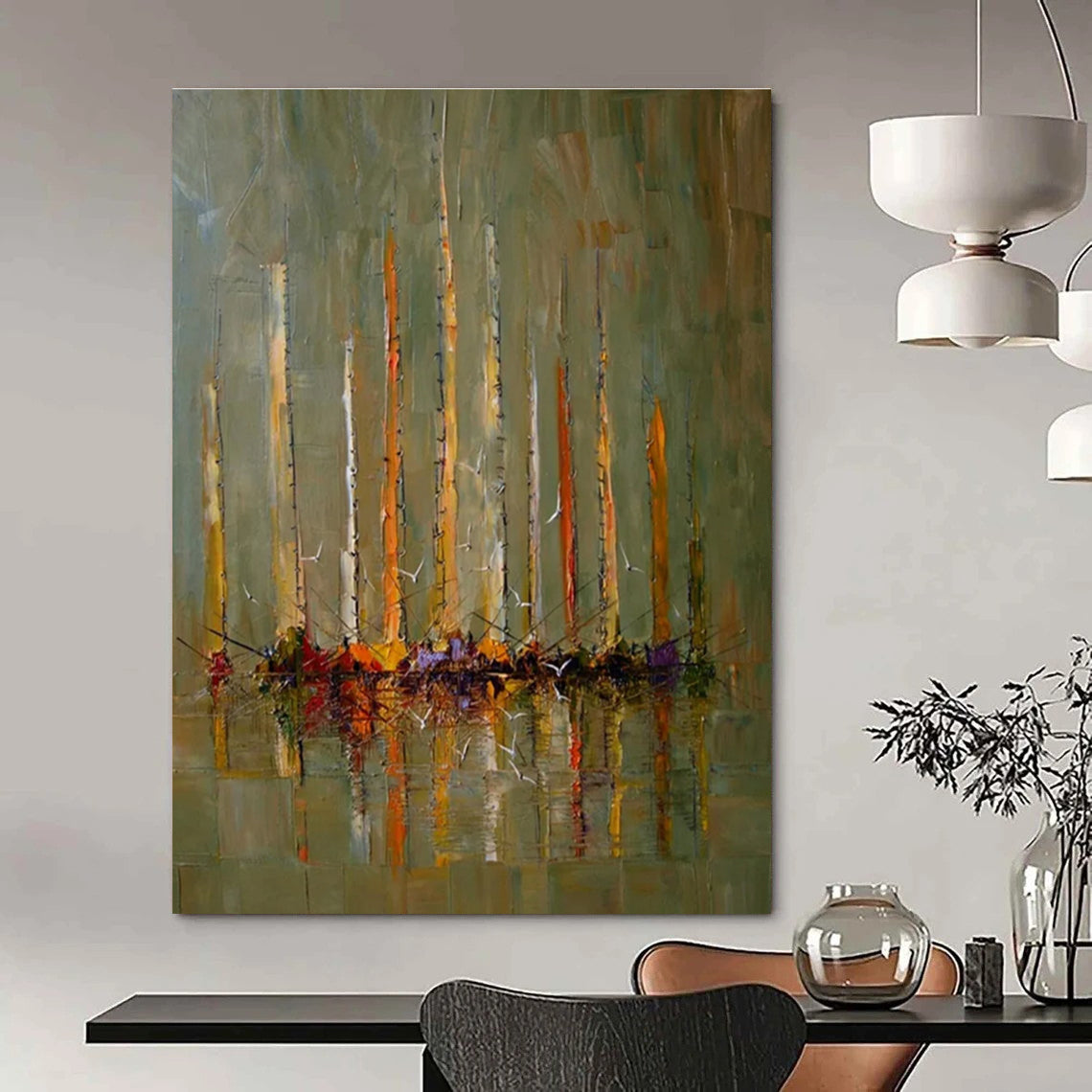 Sailboat Scene Abstract Painting with Earthy and Vibrant Colors ADGE330