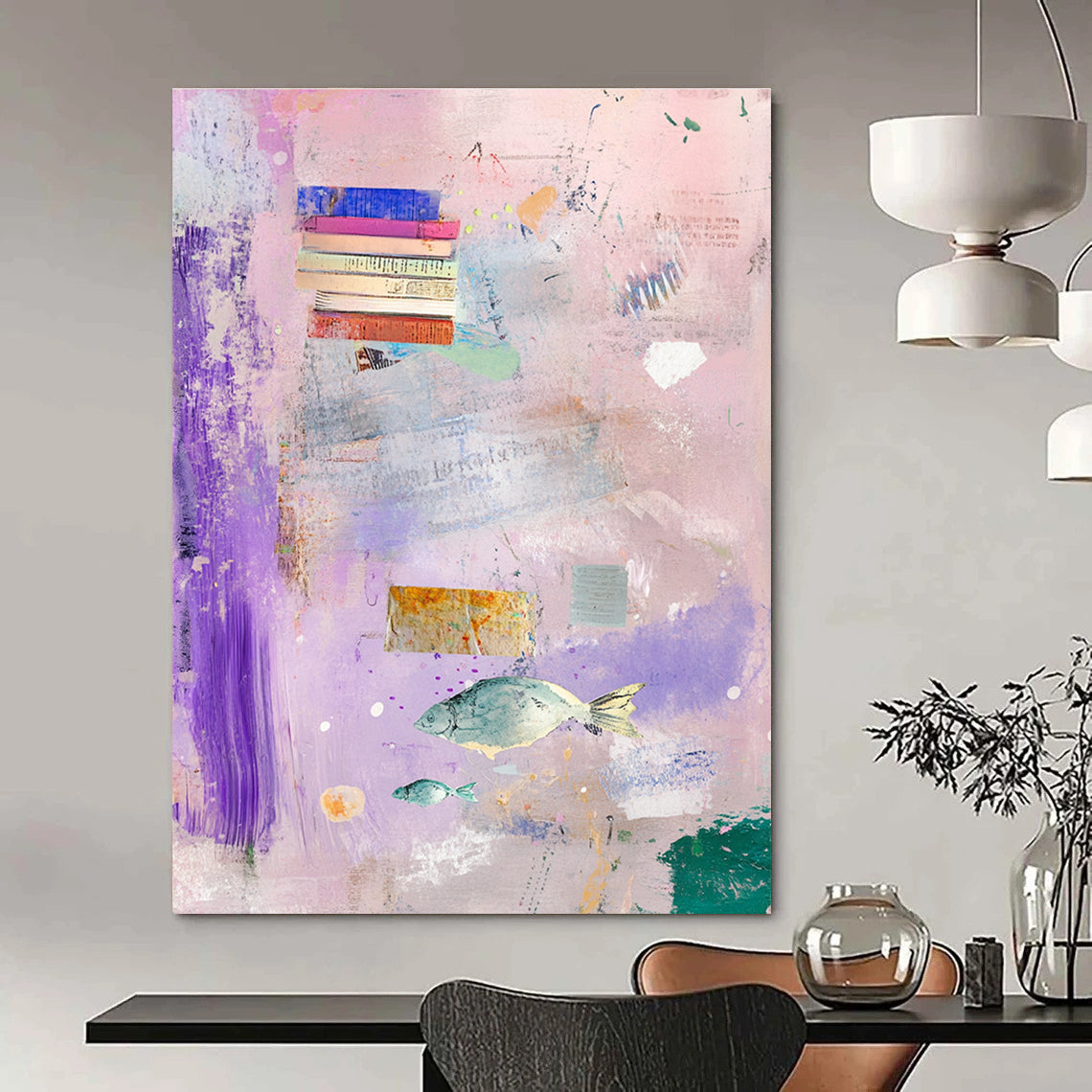 Abstract painting featuring a light pink background with pastel colors, books, feathers, and flying fish in hues of purple, blue, green, and yellow.STSC1041