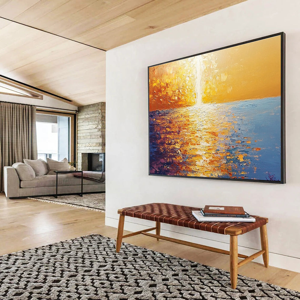 Golden Sunset Sea Abstract Painting with Reflective Textures DYP264