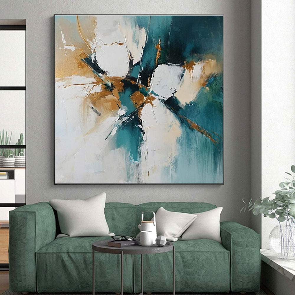 Teal Gold and White Abstract Painting with Dynamic Strokes GER682