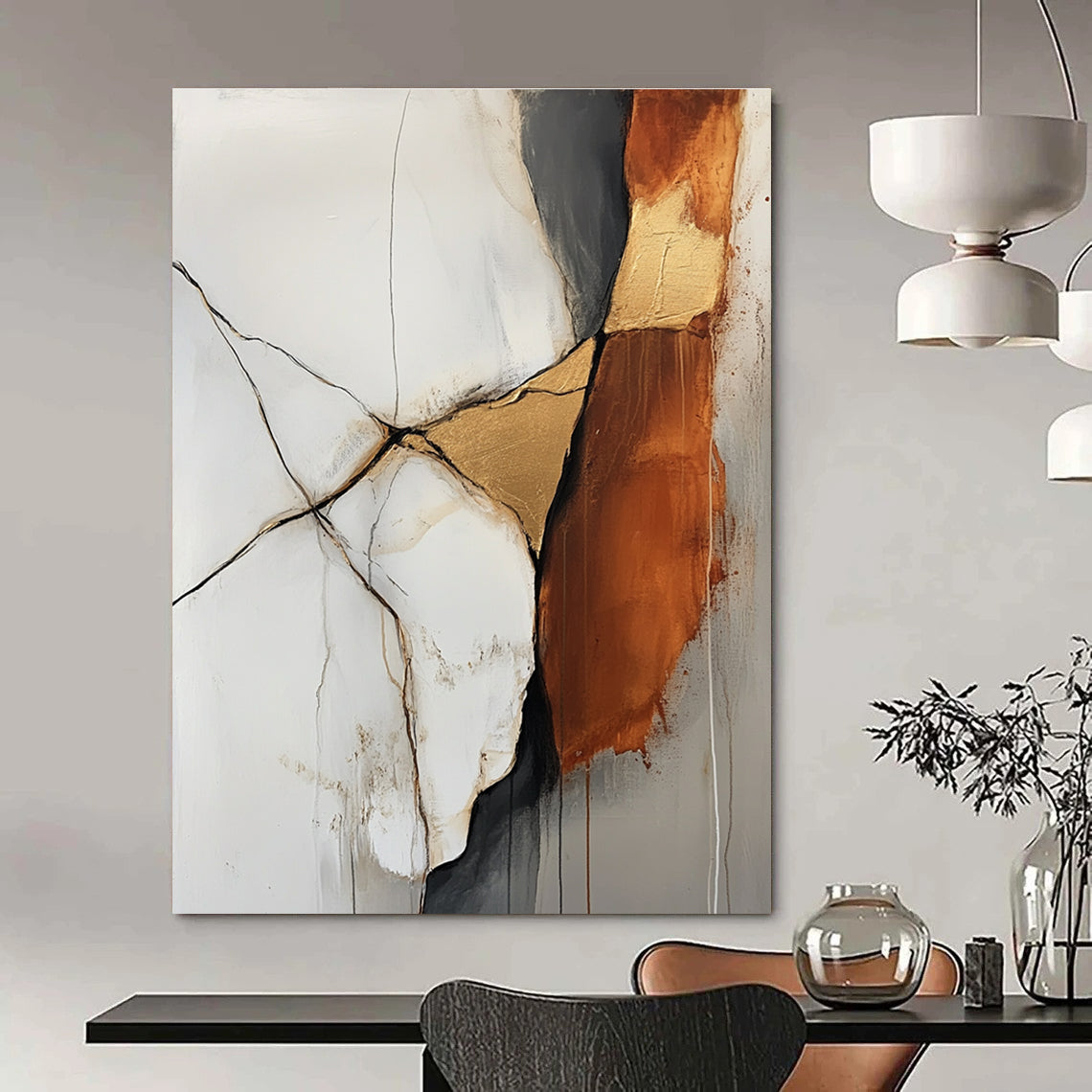 Large abstract painting featuring an off white and rust colored rock with gold veins in a minimalistic style and soft delicate strokes.STSC655