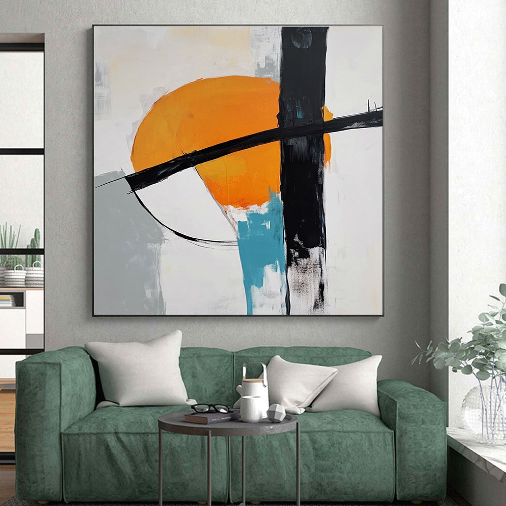 Orange Black and White Abstract Painting with Circular Motifs GER697