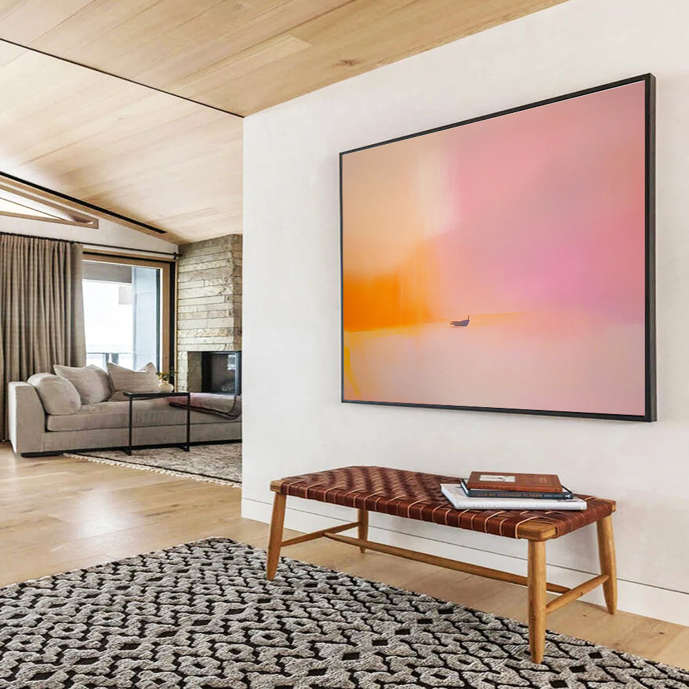 Pink Orange Minimalist Abstract Painting with a Small Boat DYP488