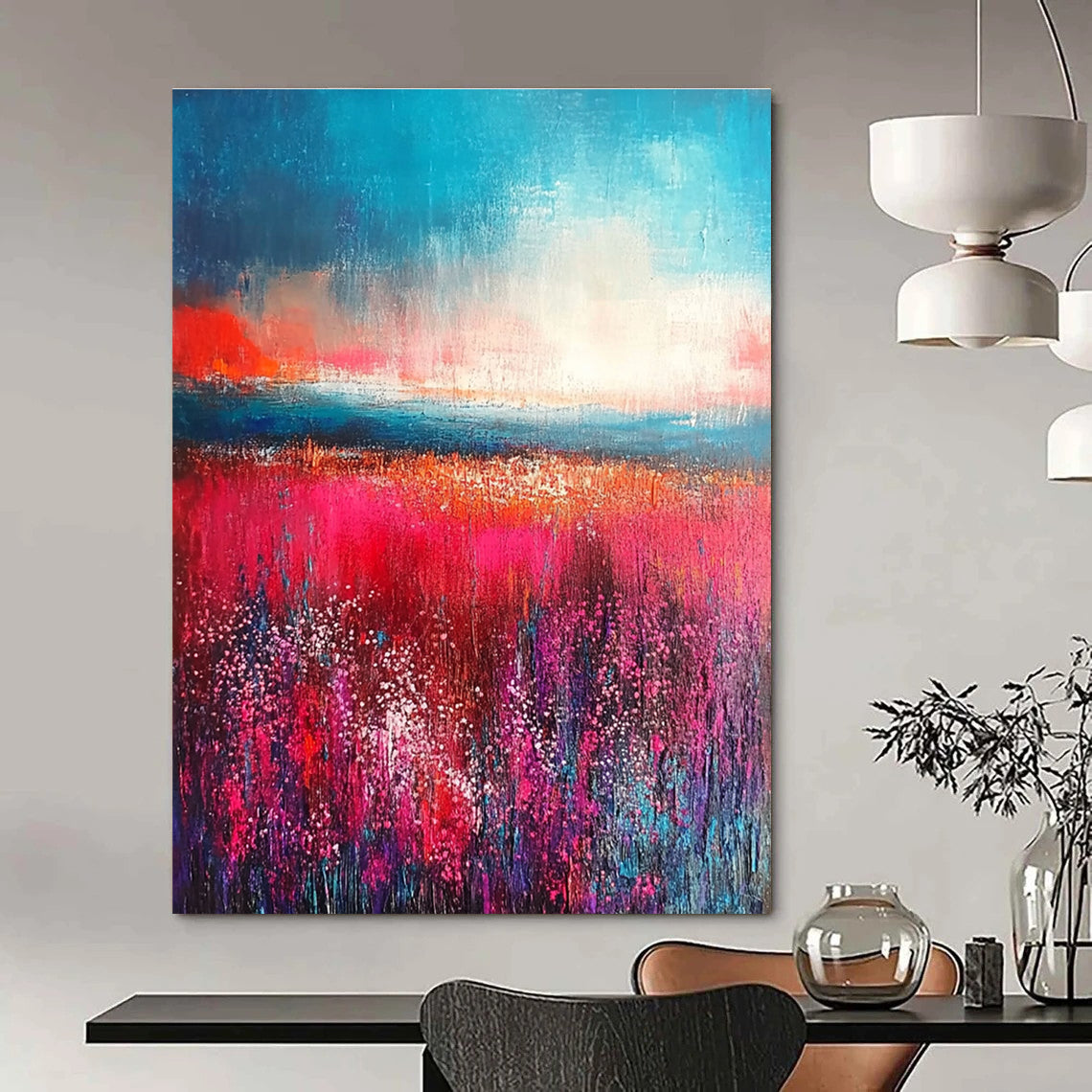 Large abstract painting with thick brush strokes in reds and pinks featuring an aqua blue sky and a detailed field of flowers.STSC117