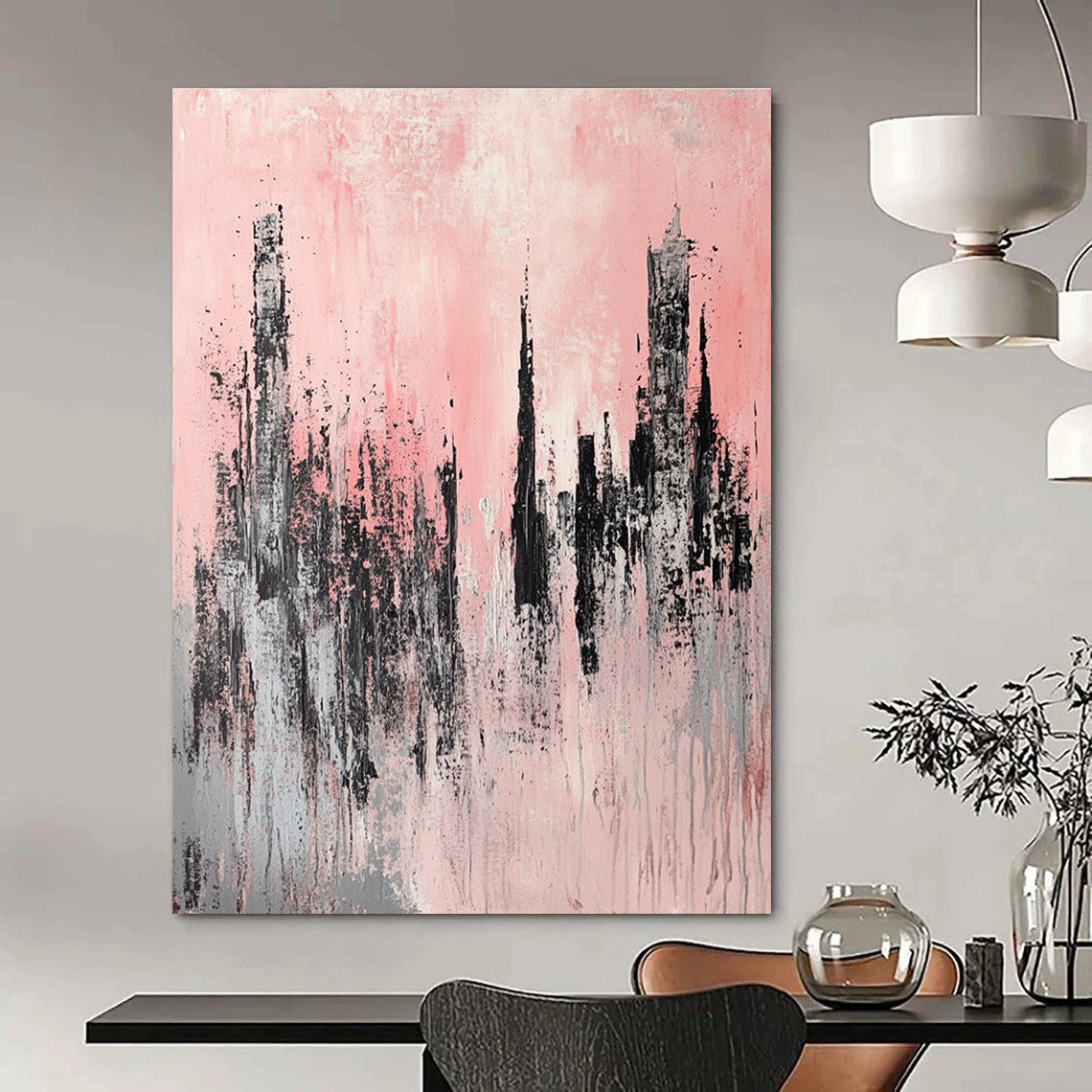 Large abstract painting of skyscrapers featuring light pink and grey colors with soft brush strokes in a modern urban landscape style.STSC331