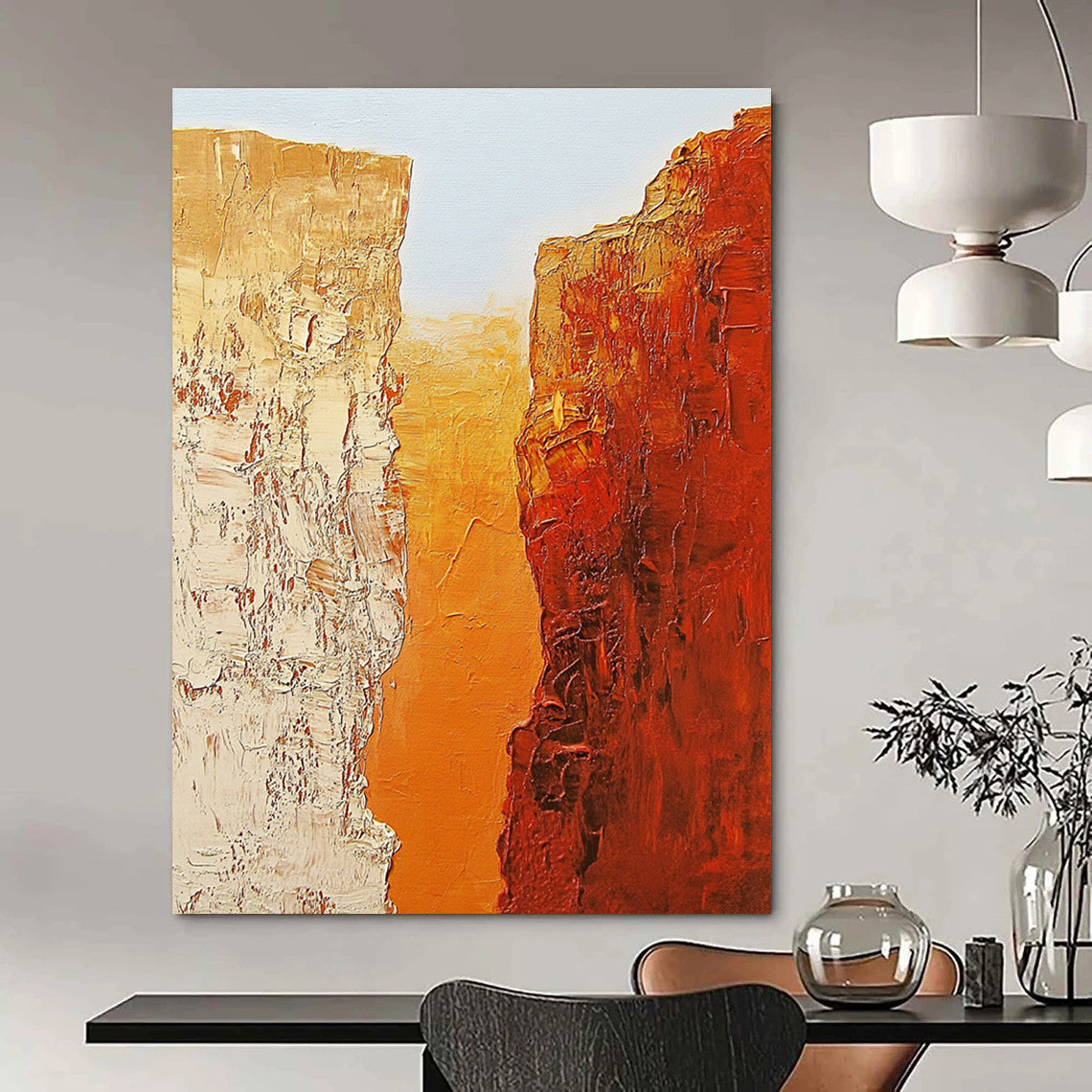 Abstract painting of two textured orange rocks symbolizing the Grand Canyon against a light blue sky in the style of Jean-Michel Basquiat.STSC713