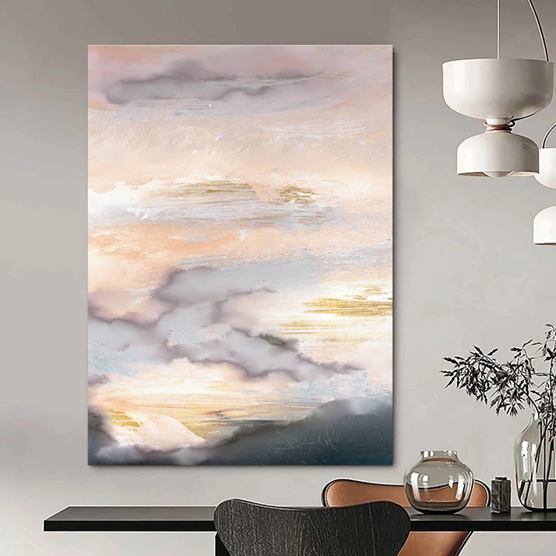 Blush Teal and Gold Cloud Abstract Painting ADGE166